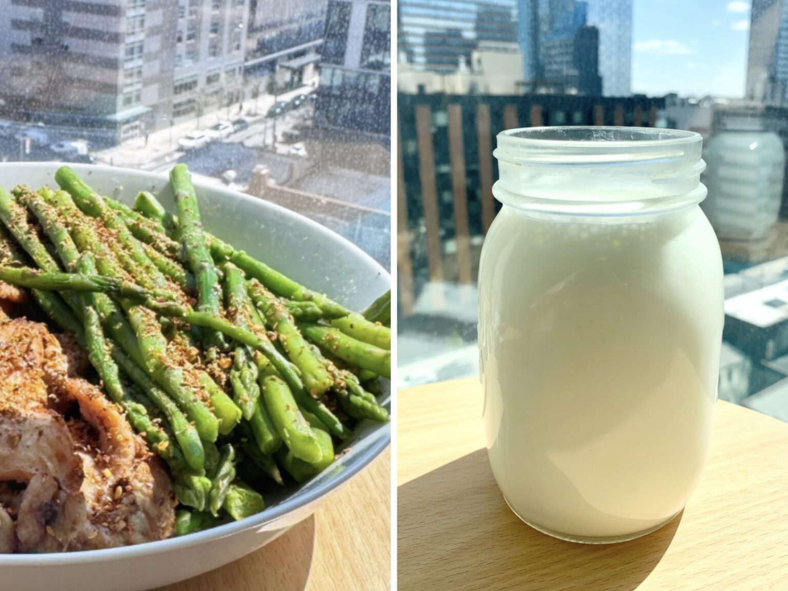 Asparagus and homemade kefir in a mason jar